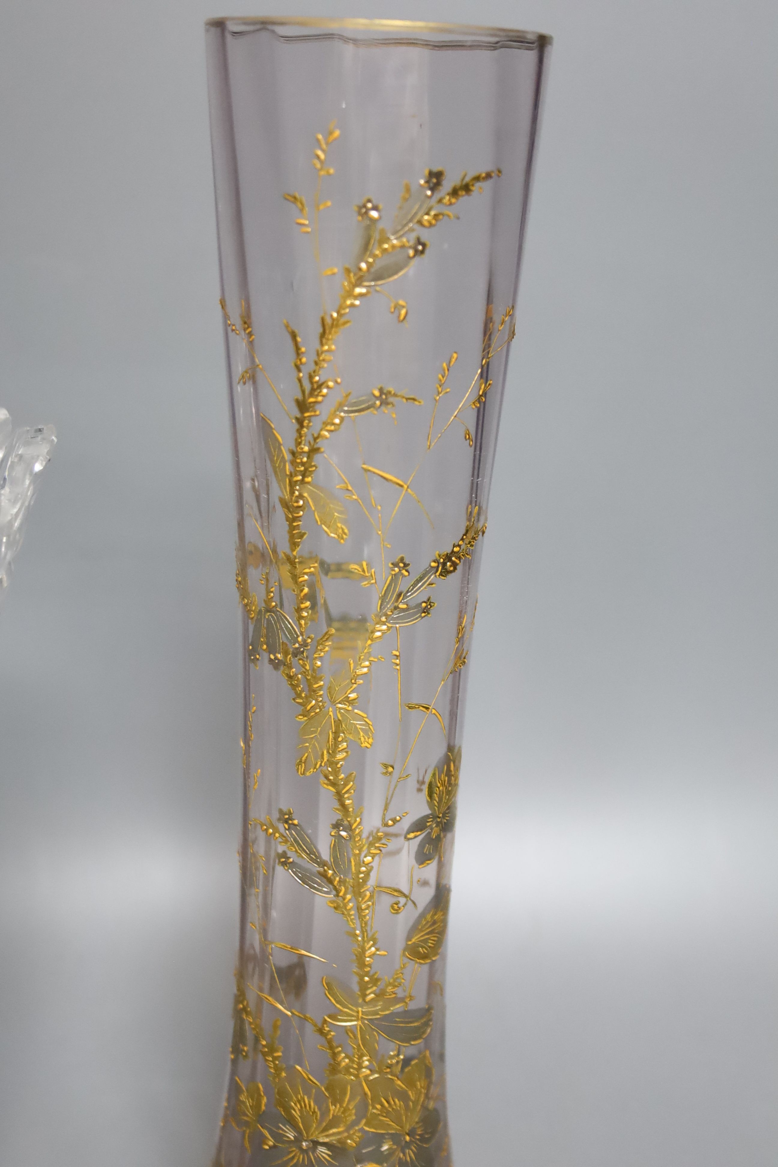 A Bohemian gilt decorated glass vase and a Waterford cut glass vase, tallest 33 cm